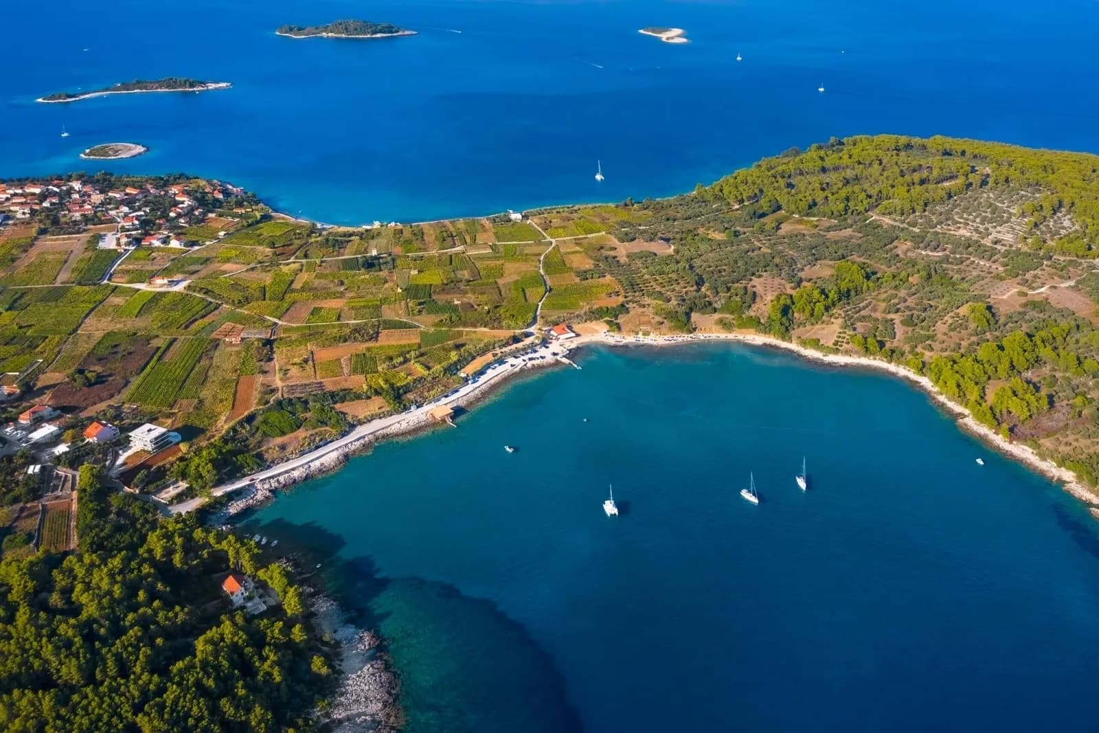 Lumbarda on Korcula with vineyards, stone houses and the Adriatic in the background