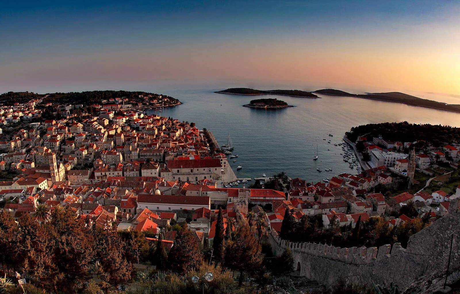 View of Hvar Town waterfront and hillside on Hvar island