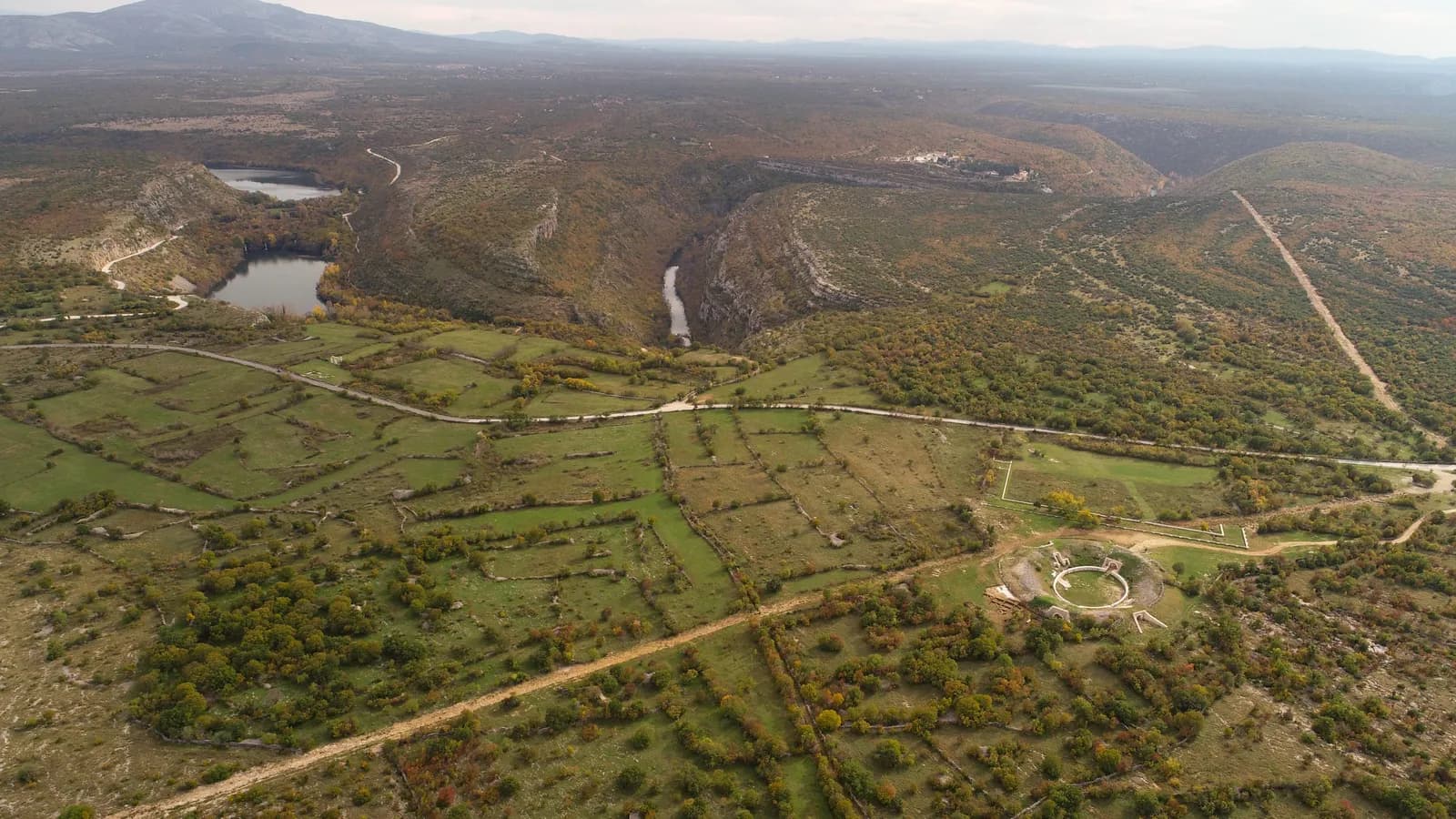 Aerial view of the Roman military camp remains at Burnum in Krka National Park