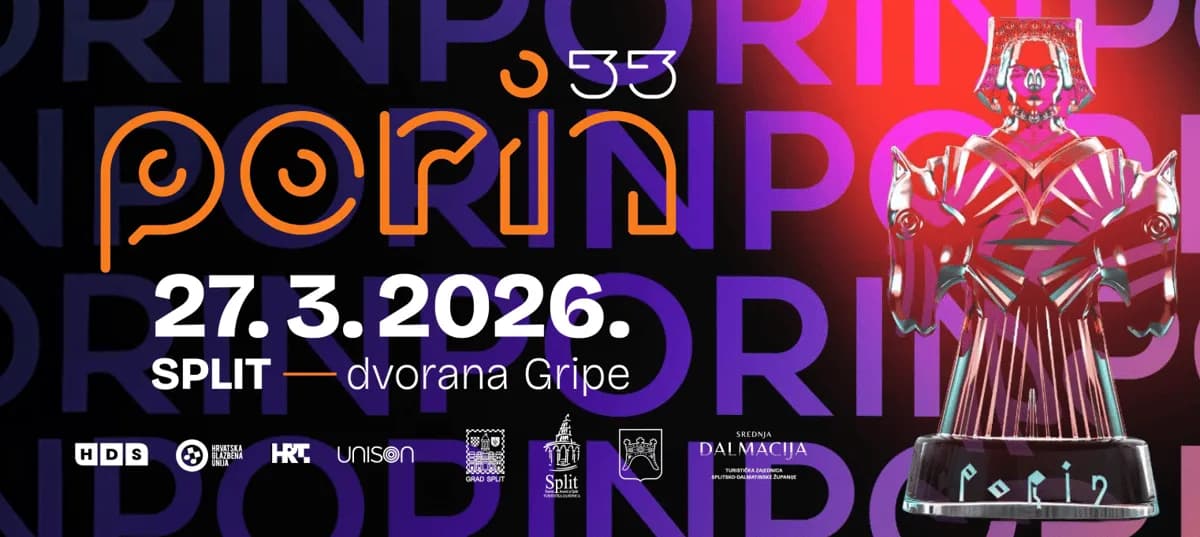 Visual ufficiale della 33a edizione del premio musicale Porin a Spalato il 27 marzo 2026 nella dvorana Gripe
